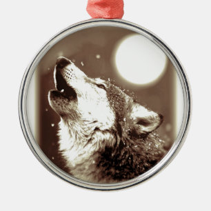 Sepia Wolf & Moon Ornament Aus Metall