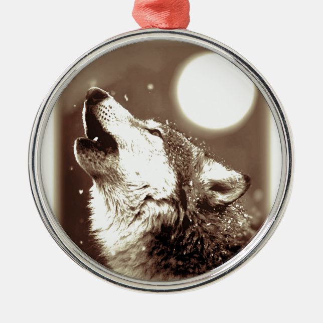 Sepia Wolf & Moon Ornament Aus Metall (Vorne)