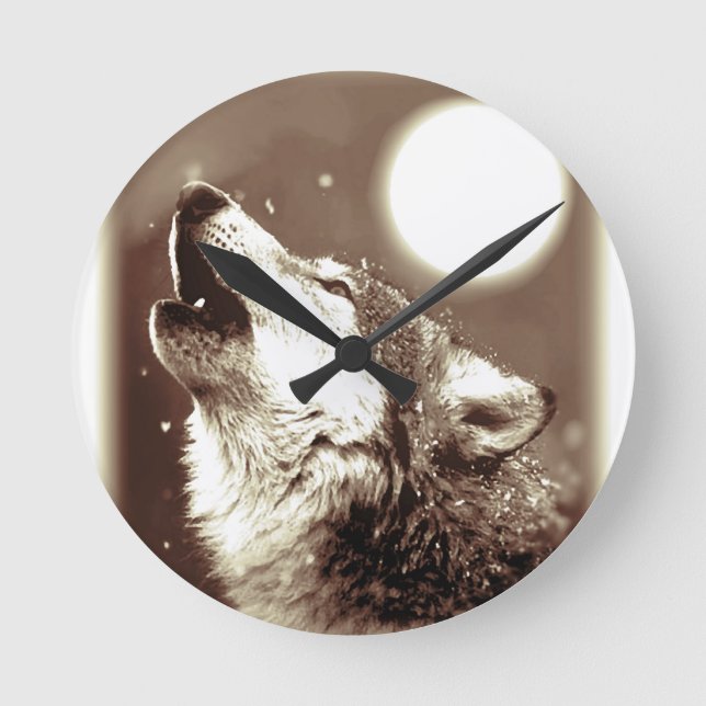 Sepia Wolf & Moon Runde Wanduhr (Vorderseite)