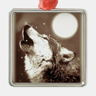 Sepia Wolf & Moon Silbernes Ornament