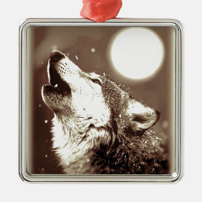 Sepia Wolf & Moon Silbernes Ornament (Vorne)