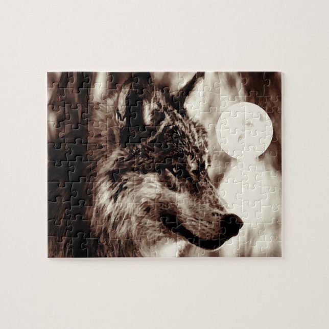 Sepia Wolf Motivierend Freedom Night Fullmoon Puzzle (Horizontal)
