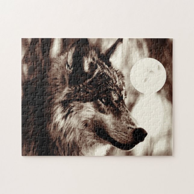 Sepia Wolf Motivierend Freedom Night Fullmoon Puzzle (Horizontal)