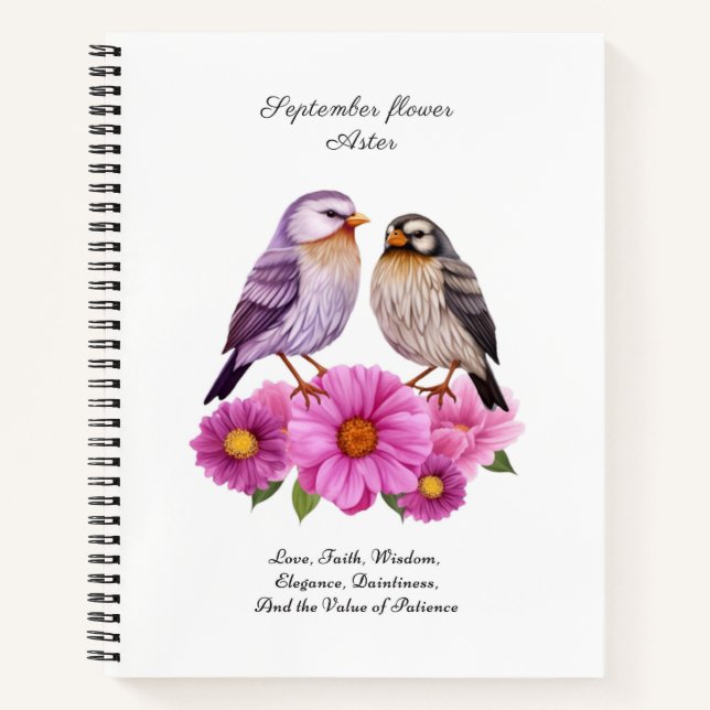 September-Aster-Blume mit Birds Birth-Geschenk Notizbuch (Vorderseite)