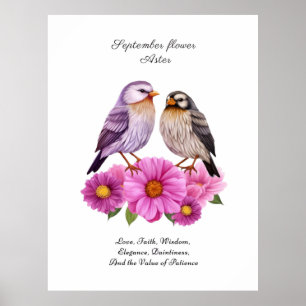 September-Aster-Blume mit Birds Birth-Geschenk Poster