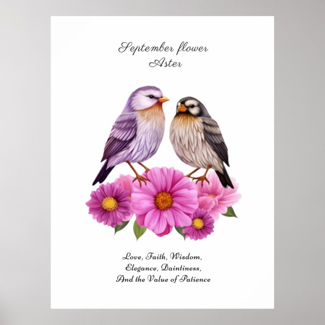 September-Aster-Blume mit Birds Birth-Geschenk Poster (Vorne)