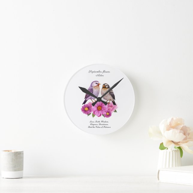 September-Aster-Blume mit Birds Birth-Geschenk Runde Wanduhr (Zuhause)