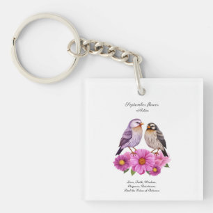 September-Aster-Blume mit Birds Birth-Geschenk Schlüsselanhänger