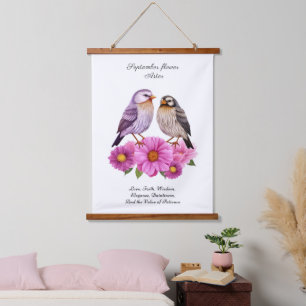 September-Aster-Blume mit Birds Birth-Geschenk Wandteppich Mit Holzrahmen