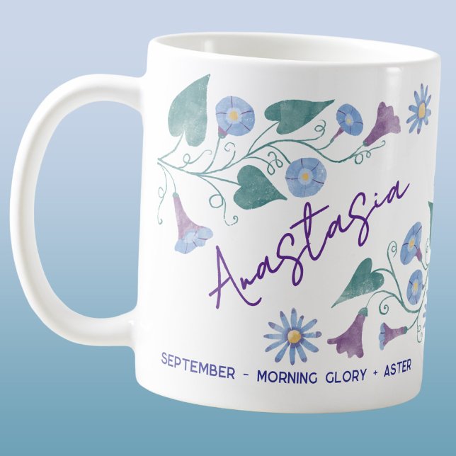 September Birth Flower Custom Name Morning Glory Kaffeetasse (September birth month flower personalized custom name morning glory aster coffee mug gift)