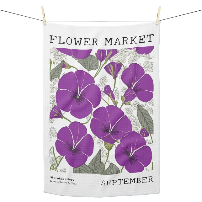 September Blume Markt Lila Morgenruhm Geschirrtuch (Personalized September Birth Flower Market Kitchen Towel, Custom Floral Kitchen Towel, Morning Glory)