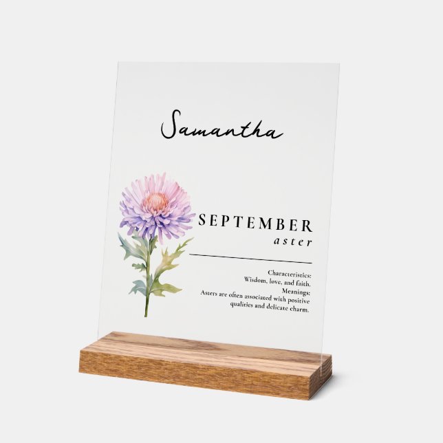 September Geburtsmonat Blume Aster Personalisiert Acrylschild (Winkel)