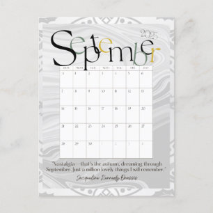 September Gray Modern Monthly Calendar 2025 Postkarte