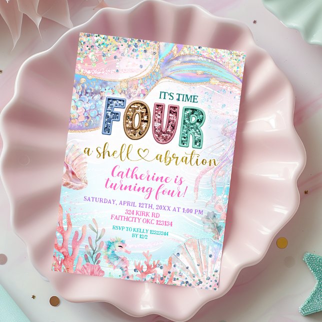 sequin glitter Four Shellebarate Girl birthday inv Einladung (Von Creator hochgeladen)