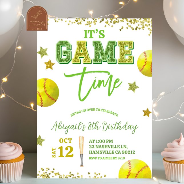 Sequin Glitter Softball Girl birthday invitat Einladung (Von Creator hochgeladen)