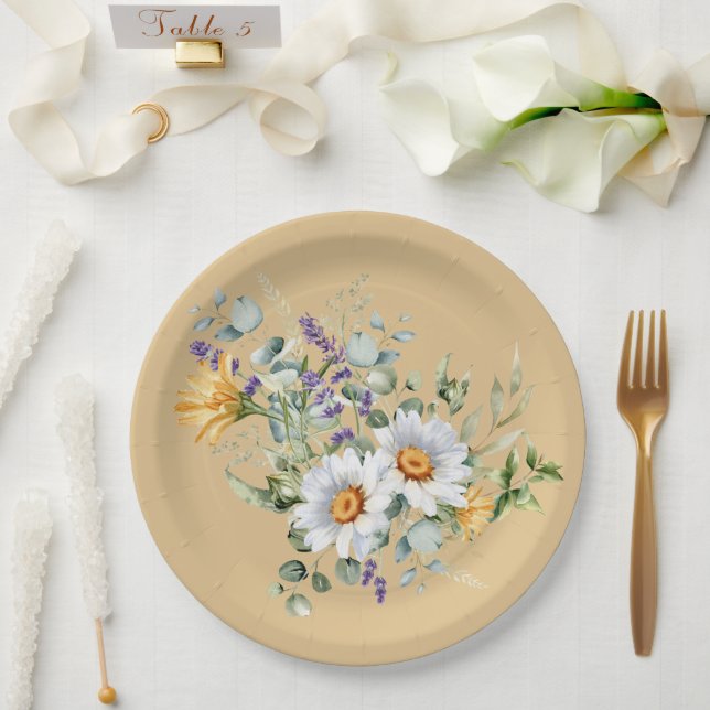 Sequin Light Yellow Daisies Lavender Dusche Pappteller (Hochzeit)