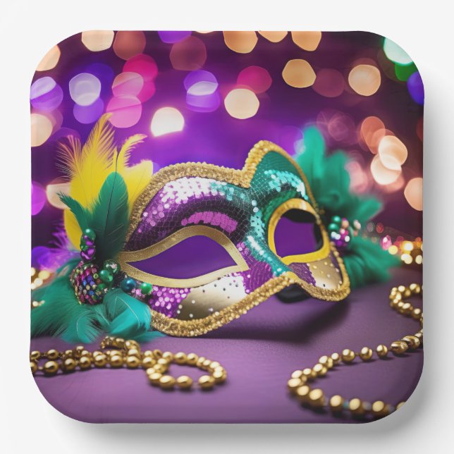 Sequin Mardi Gras Maske mit Goldperlen Pappteller (Vorderseite)