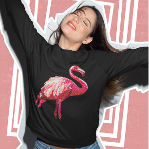 Sequin Printed Tropical Flamingo Pink Bird Black Sweatshirt