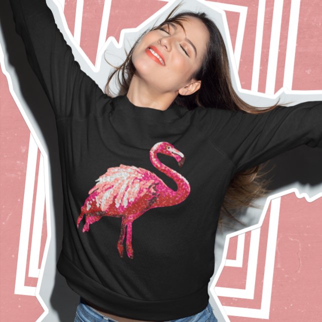 Sequin Printed Tropical Flamingo Pink Bird Black Sweatshirt (Von Creator hochgeladen)