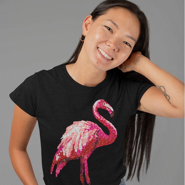 Sequin Printed Tropical Flamingo Pink Bird Black T-Shirt (Von Creator hochgeladen)
