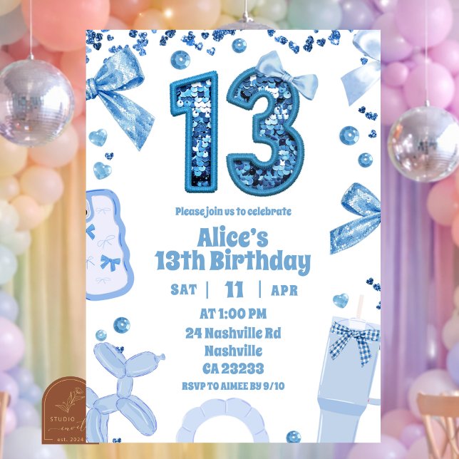 Sequins Blue Bow 13 aesthetic teenager birthday Einladung (Von Creator hochgeladen)