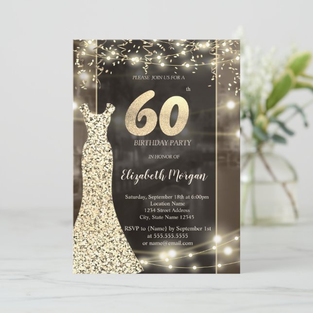 Sequins Dress String Lights 60. Geburtstag Einladung (Stehend Vorderseite)
