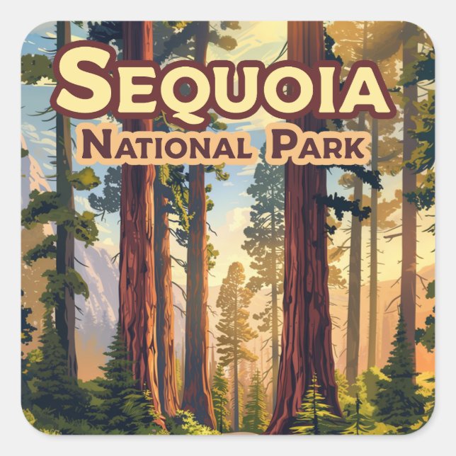 Sequoia Nationalpark California Tree Retro Quadratischer Aufkleber (Vorderseite)