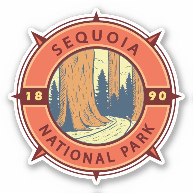 Sequoia Nationalpark Illustration Retro Kompass Aufkleber (Vorderseite)