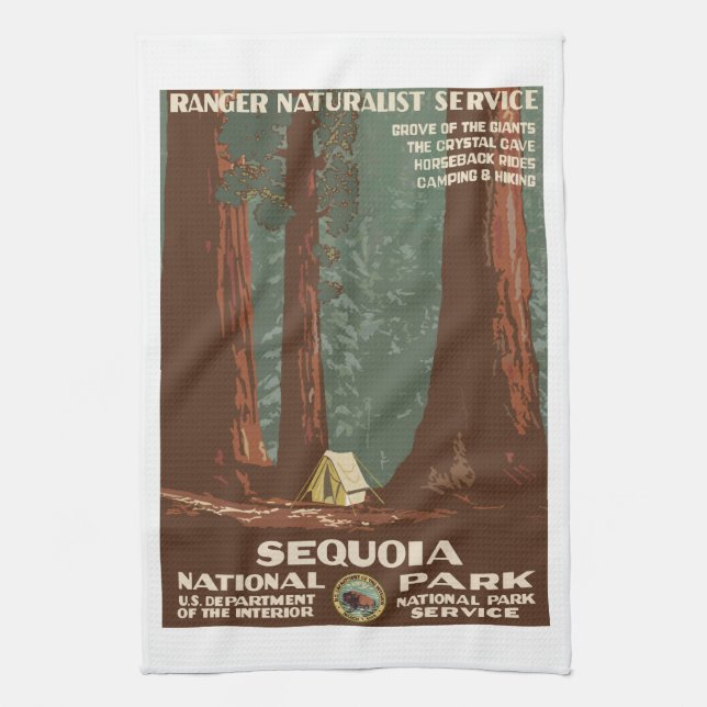 Sequoia Park CA, Vintages Touristenplakat, Geschirrtuch (Vertikal)