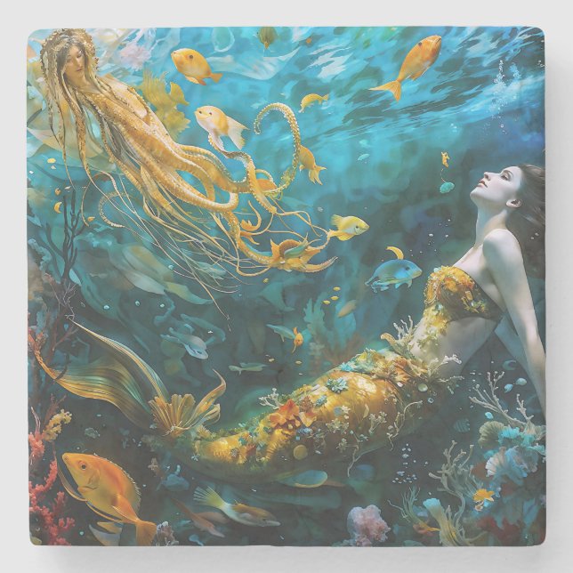 "Seraphina" - Wunderschöne mystische Meerjungfrau Steinuntersetzer (Vorderseite)