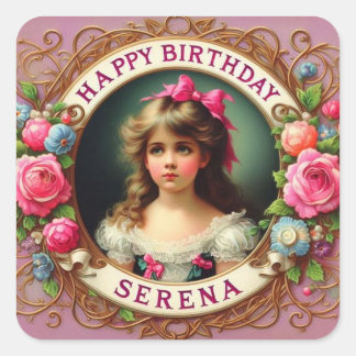 SERENA ~ HAPPY BIRTHDAY ~ Vintages Mädchen ~ Quadratischer Aufkleber