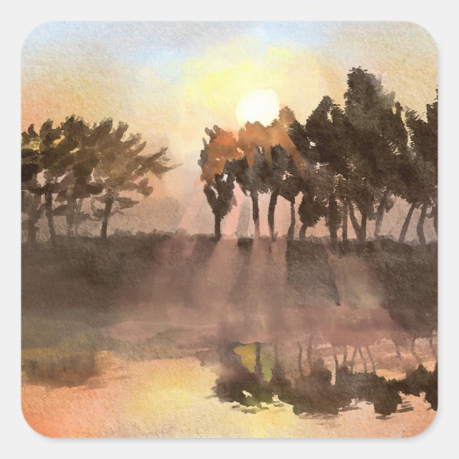 Serenade der Landschaft: Eine Wasserfarbensymphoni Quadratischer Aufkleber (Vorderseite)