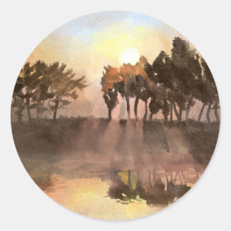 Serenade der Landschaft: Eine Wasserfarbensymphoni Runder Aufkleber