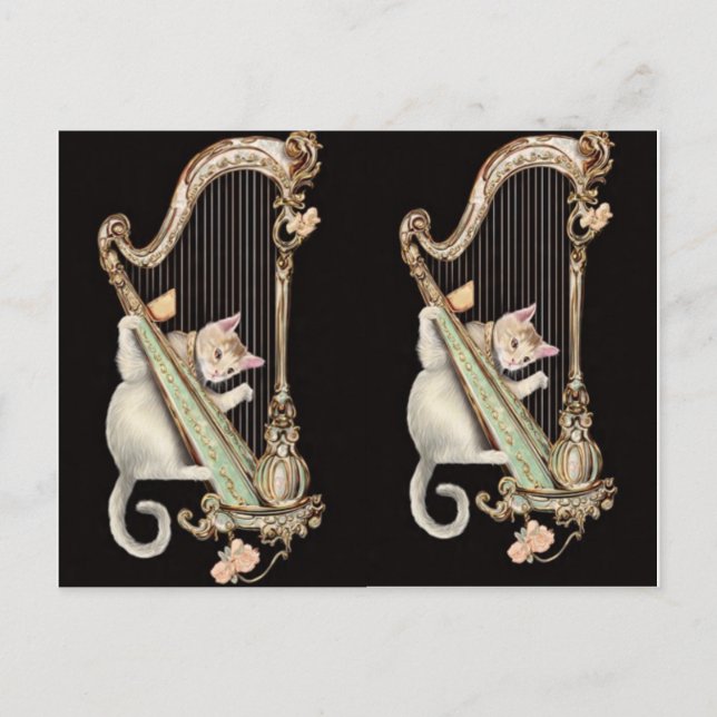 Serenade in Gold – Cat & Harp Postcard Postkarte (Vorderseite)