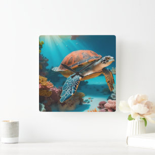 Serene 3D Sea Turtle im Ozean Tranquiles Meeresleb Quadratische Wanduhr