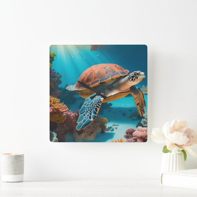 Serene 3D Sea Turtle im Ozean Tranquiles Meeresleb Quadratische Wanduhr (Zuhause)
