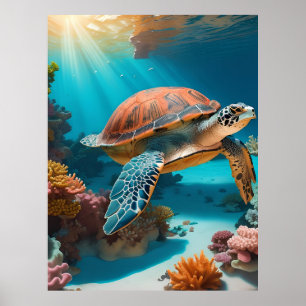 Serene 3D Sea Turtle in Ocean - Tranquil Marine Li Poster