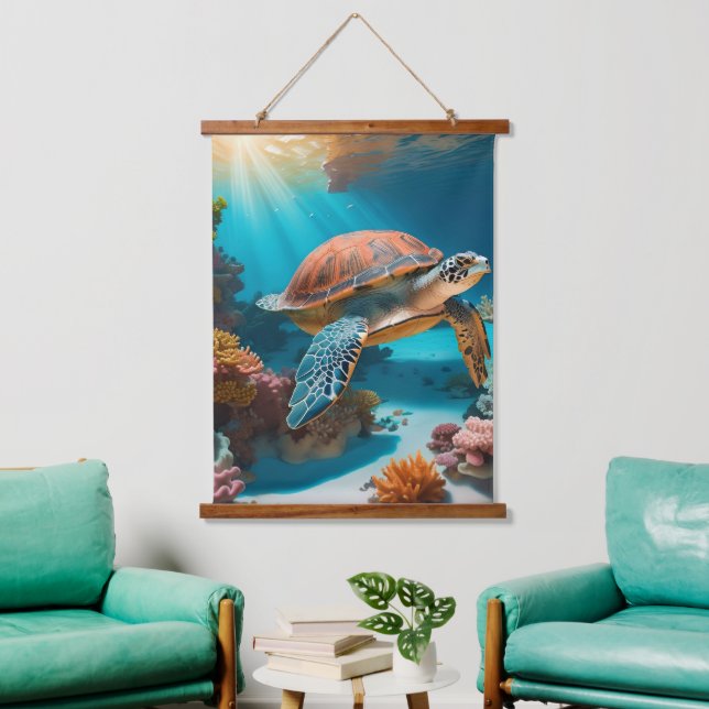 Serene 3D Sea Turtle in Ocean - Tranquil Marine Li Wandteppich Mit Holzrahmen (Wohnzimmer)