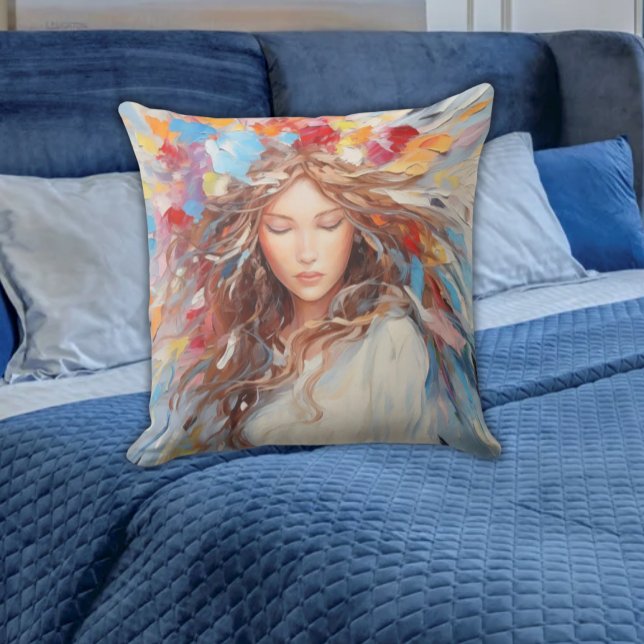 Serene Abstrakt Angel Pillow - Vibranic Artistic Kissen (Serene Bright Colorful Angel Abstract Pillows on a Blue Bed Free Spirit Vibe for Any Age)