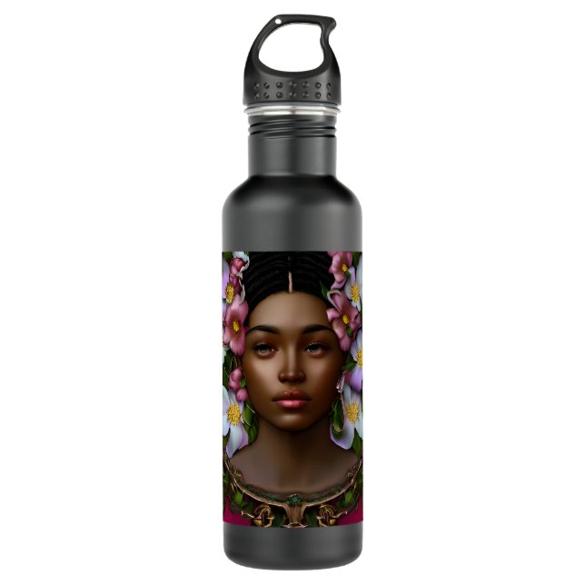 Serene afroamerikanische Frau mit Blume Edelstahlflasche (Vorderseite)