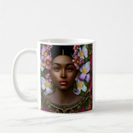 Serene afroamerikanische Frau mit Blume Kaffeetasse