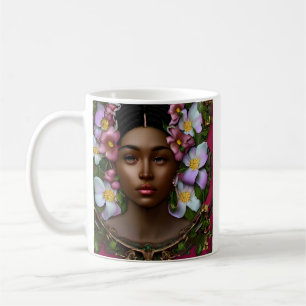 Serene afroamerikanische Frau mit Blume Kaffeetasse