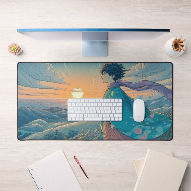 Serene Anime Boy Desk Mat | Blick auf den oberen O Schreibtischunterlage (Büro 1)