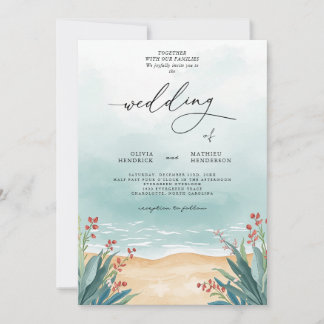 Serene Aquamarin Beach Floral Wedding Einladung