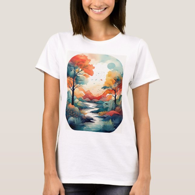 Serene Autumn Sunset: Nature Inspiriert Print T-Shirt (Vorderseite)