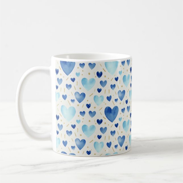 Serene Azure & Gold Watercolor Hearts Kaffeetasse (Links)