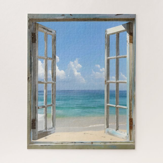Serene Beach Window View Puzzle (Vertikal)