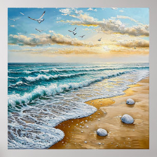 Serene Beachscape mit Wellen, Muscheln Poster