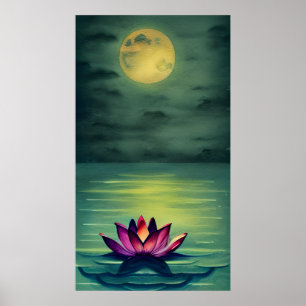 Serene Beautiful Lotus Flower and a Full Moon Poster