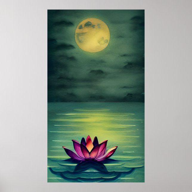 Serene Beautiful Lotus Flower and a Full Moon Poster (Vorne)